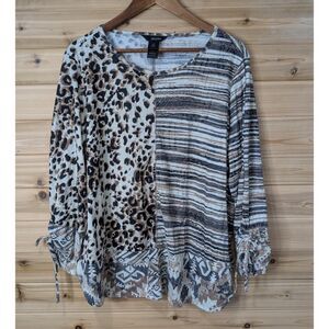 Ali Miles Top Womens 1X Tan Animal‎ Print Mixed Art Blouse